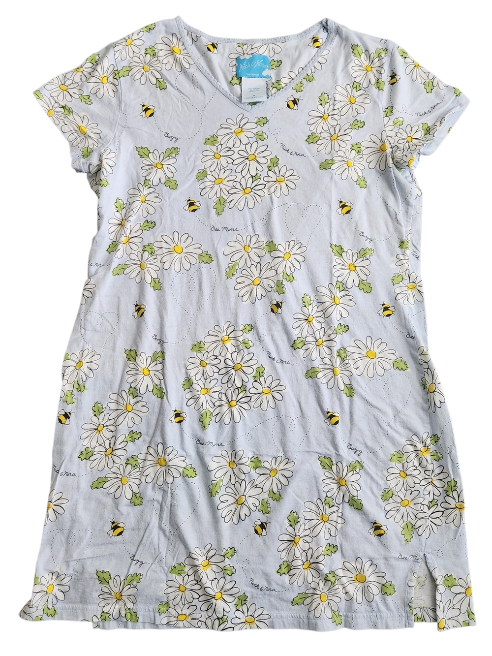 Nick & Nora Bee Mine Night Gown Women's M Blue Cotton Comfort Pajamas Sleepwear